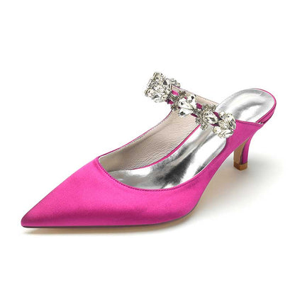 Pink satin high heel mule shoes with embellished strap perfect for stylish occasions