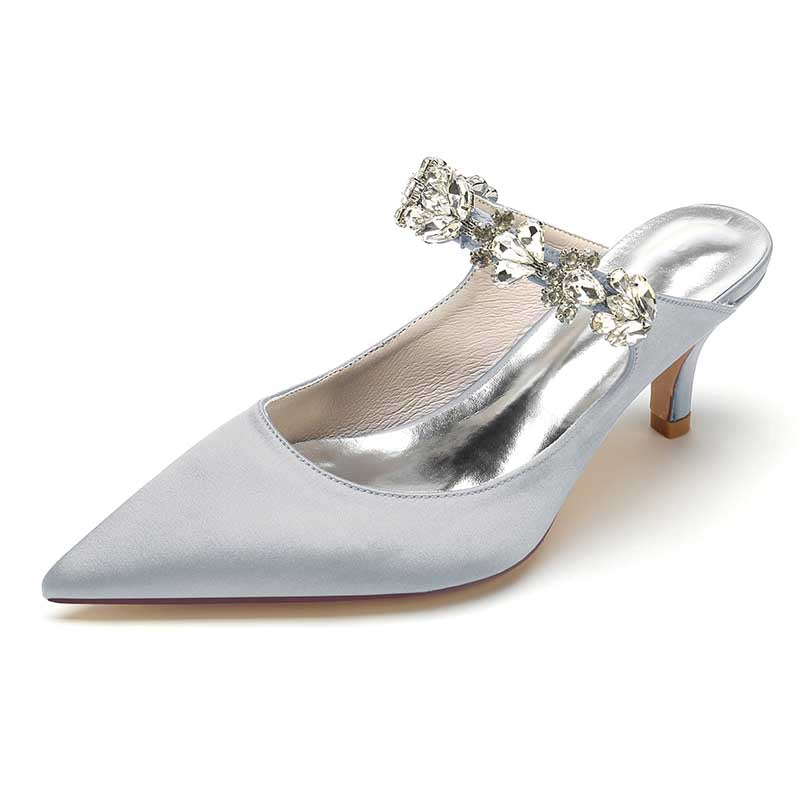 Elegant satin high heel mule shoes with a sparkling embellishment for chic evening wear