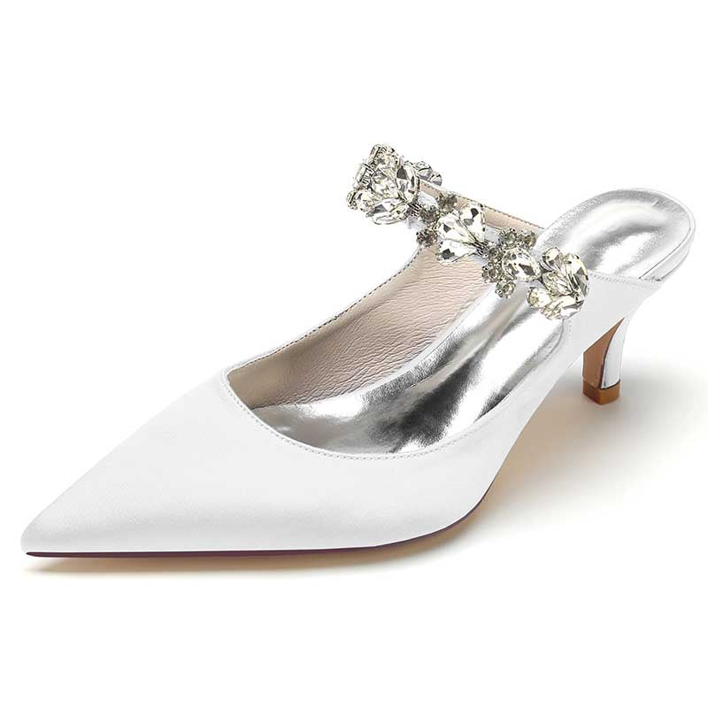 Elegant white satin high heel mule shoes with sparkling embellishments for a stylish look