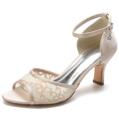 Elegant satin lace dress sandals for women with ankle strap and chunky heel in beige