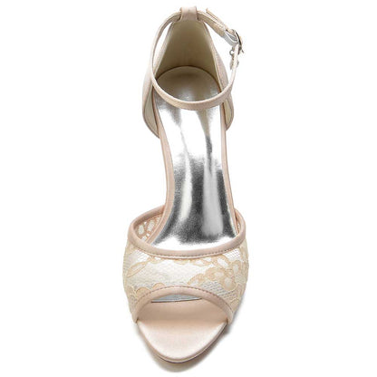 Elegant satin lace dress sandals for women with ankle strap and decorative lace details