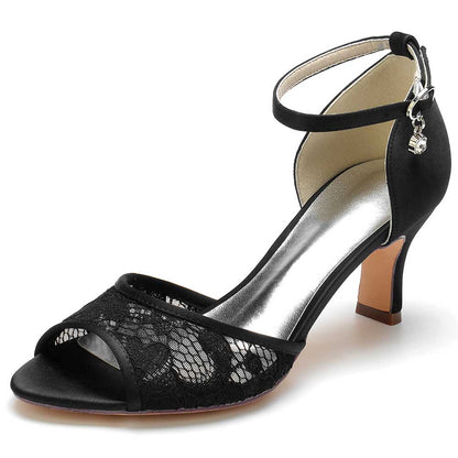 Elegant black satin lace dress sandals for women with ankle strap and peep-toe design
