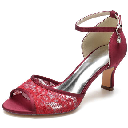Elegant red satin lace dress sandals for women with a stylish design and ankle strap