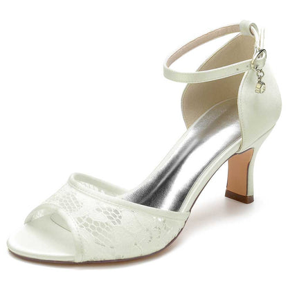 Elegant white satin lace dress sandals for women featuring an ankle strap and open toe design