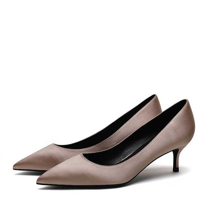 Elegant satin low heel party shoes in soft taupe with a sleek pointed toe design