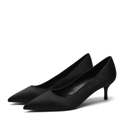 Elegant black satin low heel party shoes perfect for formal events and parties