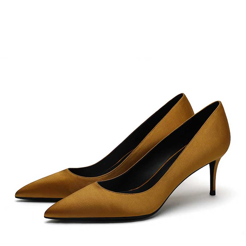 Elegant mustard satin low heel party shoes with a sleek pointed toe design for formal events