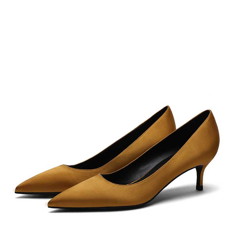 Stylish satin low heel party shoes in mustard yellow with a pointed toe design for elegant occasions