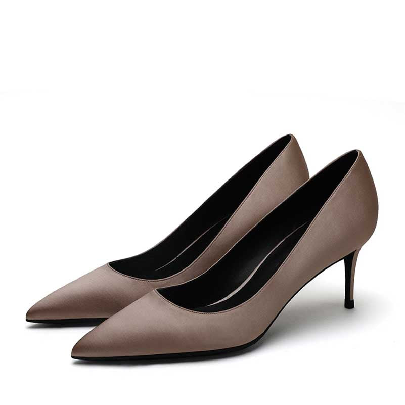 Stylish satin low heel party shoes in mustard color with a pointed toe design