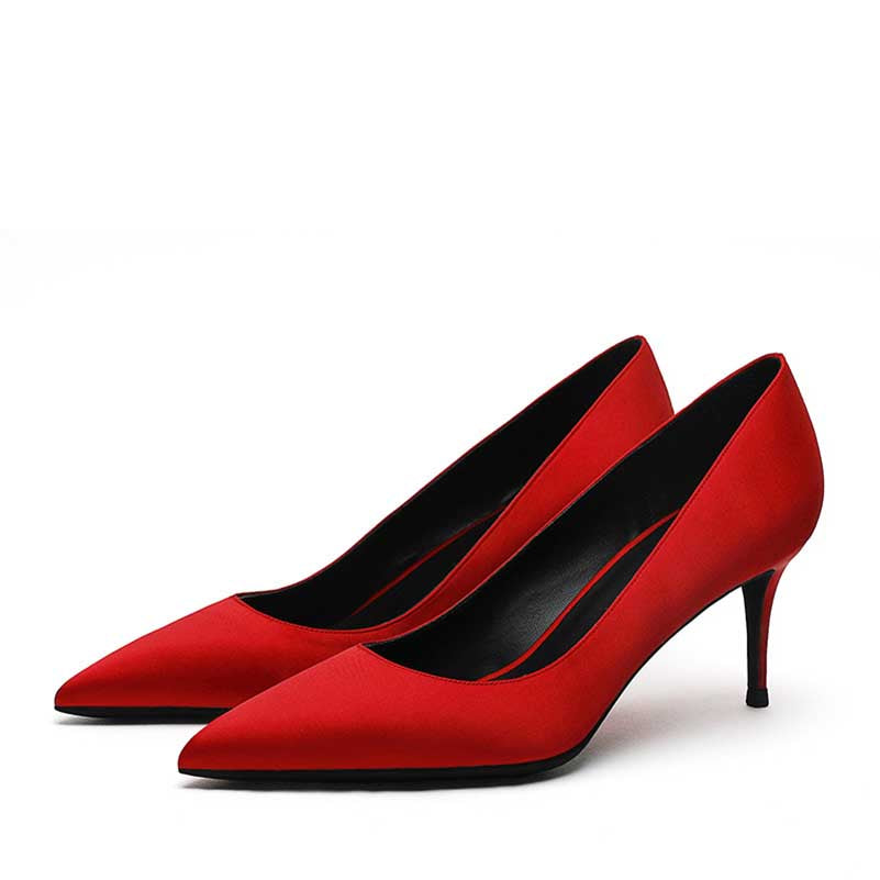 Elegant gray satin low heel party shoes with a sleek pointed toe design for stylish occasions