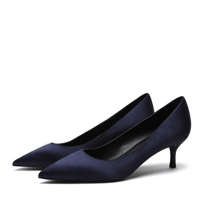 Elegant navy satin low heel party shoes with pointed toes for stylish occasions