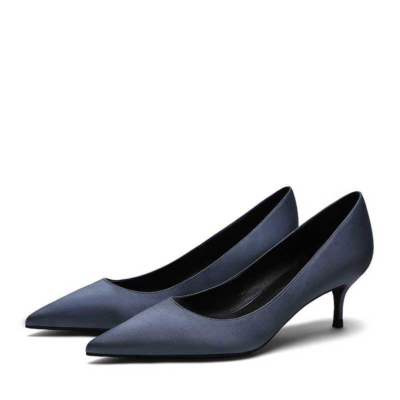 Elegant navy satin low heel party shoes with a sleek pointed toe design for stylish occasions 