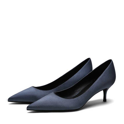 Elegant navy satin low heel party shoes with a sleek pointed toe design for stylish occasions 