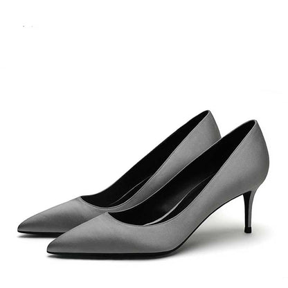 Elegant satin low heel party shoes in navy blue for stylish dress occasions