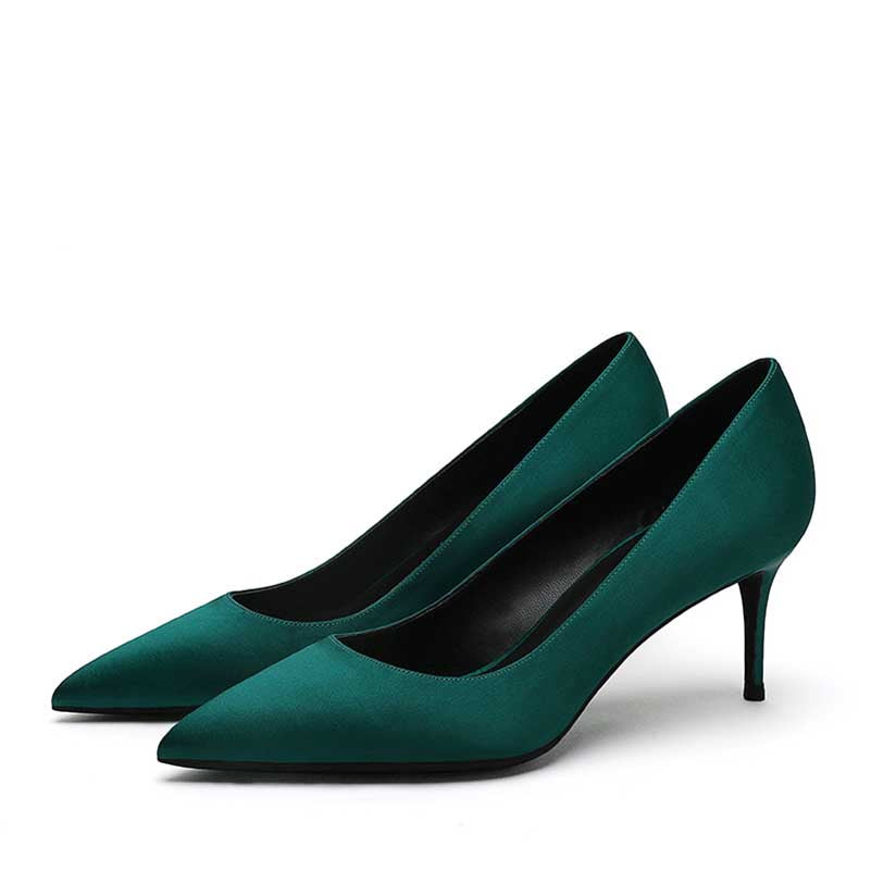 Red satin low heel party shoes with a sleek pointed toe design for elegant occasions