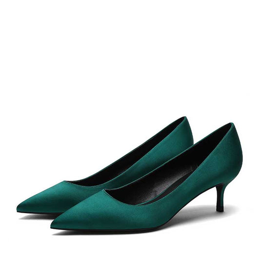 Teal satin low heel party shoes with a sleek pointed toe design for elegant occasions