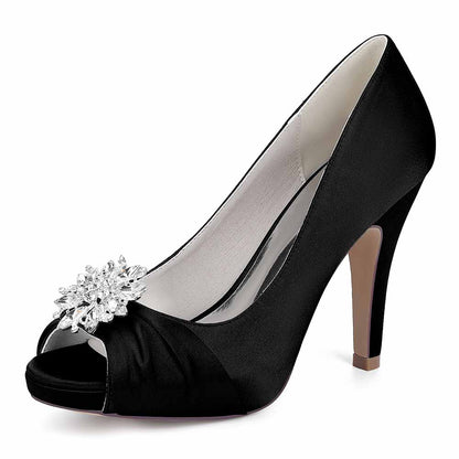 Elegant black satin peep toe wedding shoes with sparkling jewel embellishment for bridal wear