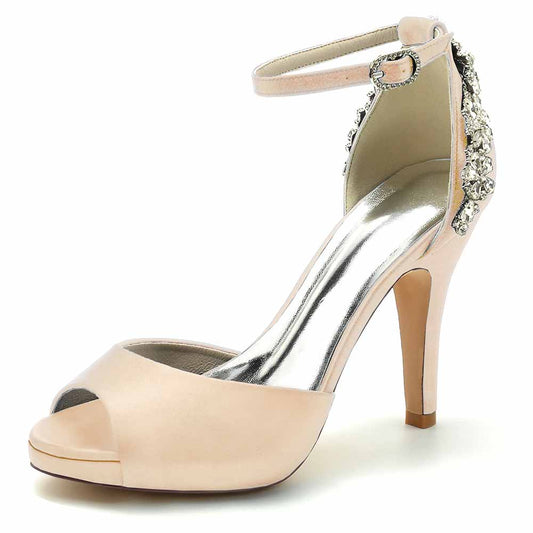 S&DCo. satin peep toe wedding shoes with elegant ankle strap and decorative embellishments