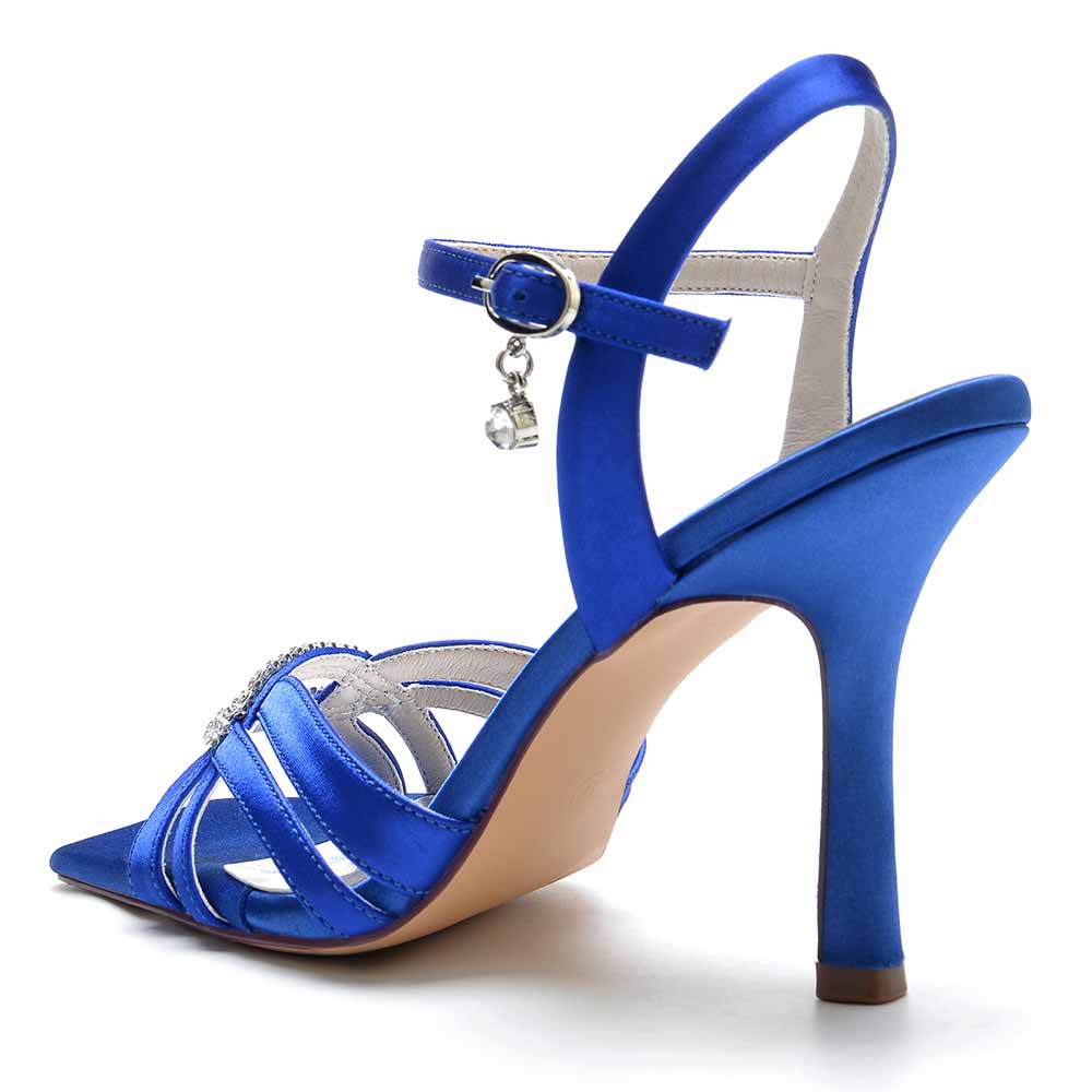 Elegant blue satin prom heels with beading and a stylish ankle strap for formal occasions