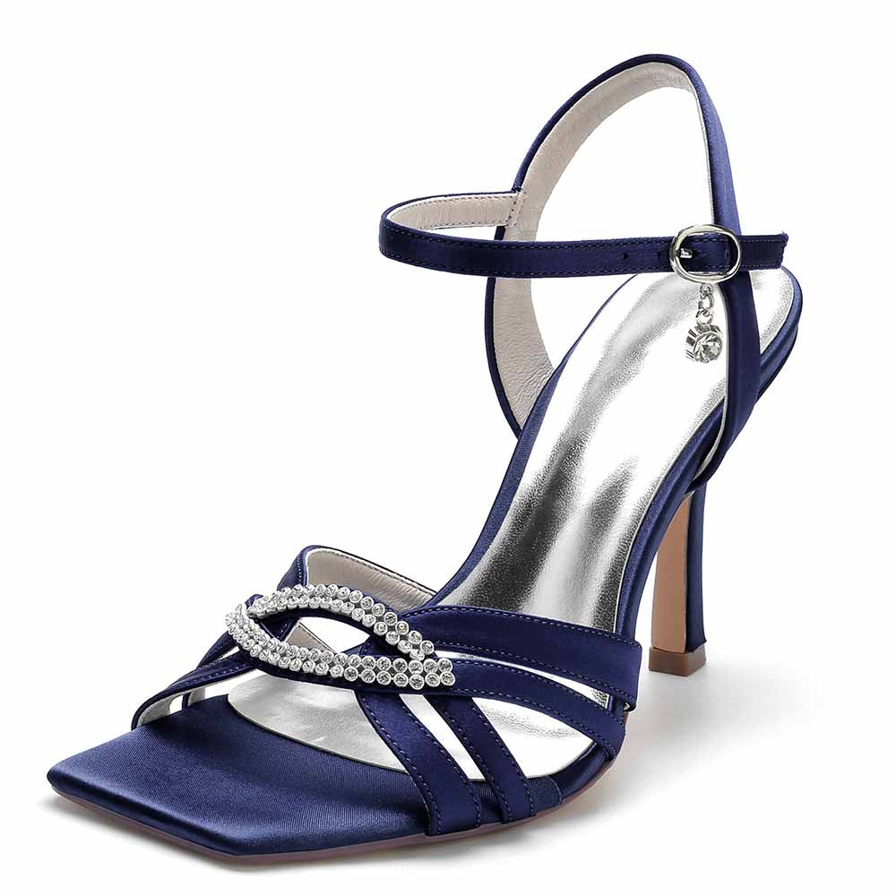 Elegant navy satin prom heels with beading for stylish evening looks and special occasions