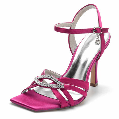 S&DCo. satin prom heels with beading in pink with elegant ankle strap and shiny details