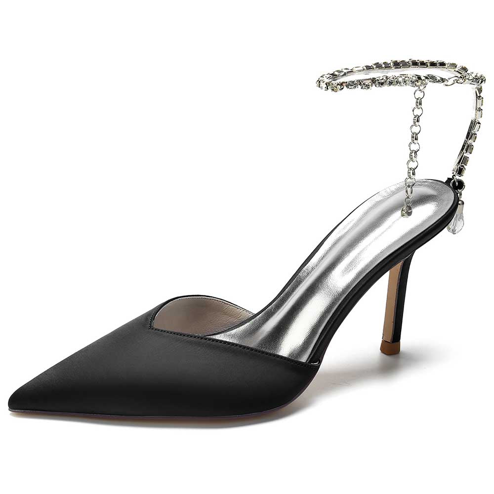 Elegant black satin prom heels with bling straps for a stylish evening look