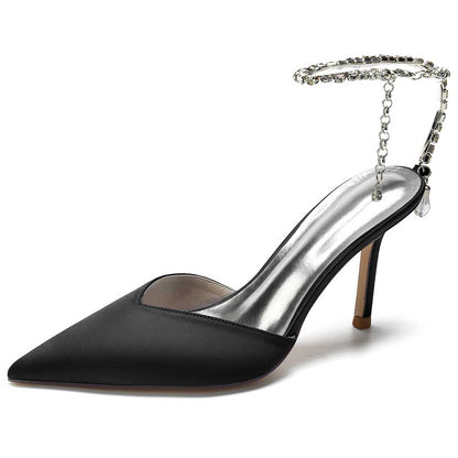 Elegant black satin prom heels with bling straps for a stylish evening look