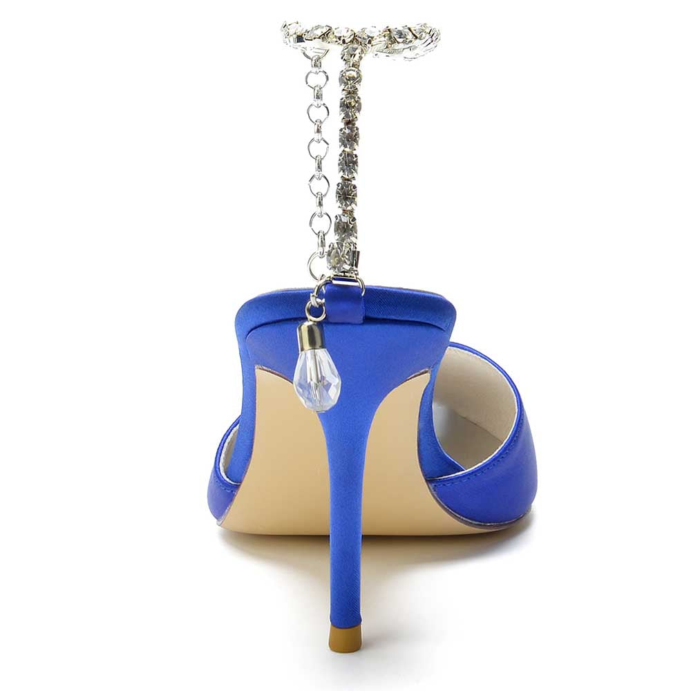 Blue SD Dresscode satin prom heels with bling straps featuring a stylish ankle chain detail