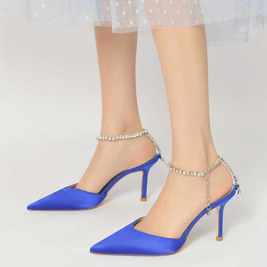 Blue satin prom heels with bling straps featuring elegant ankle accents for a stylish look