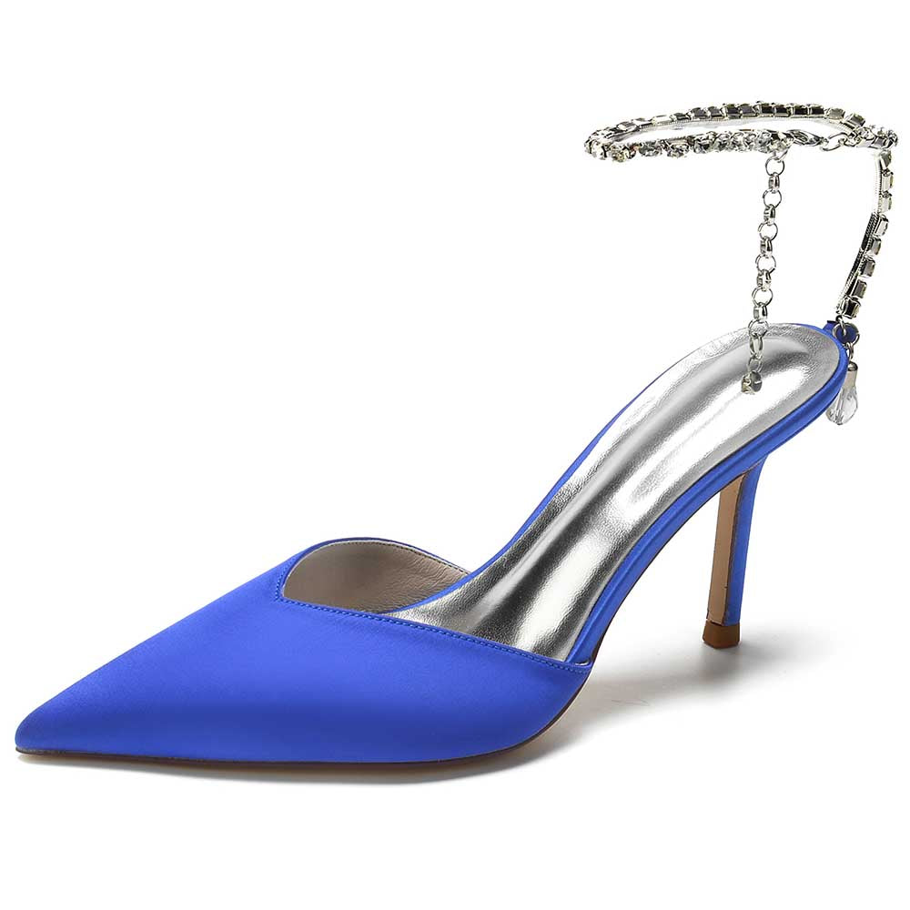 Elegant blue satin prom heels with bling straps for a glamorous evening look