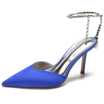 Elegant blue satin prom heels with bling straps for a glamorous evening look