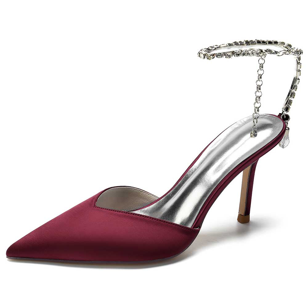 Elegant burgundy satin prom heels with bling straps for stylish evening wear