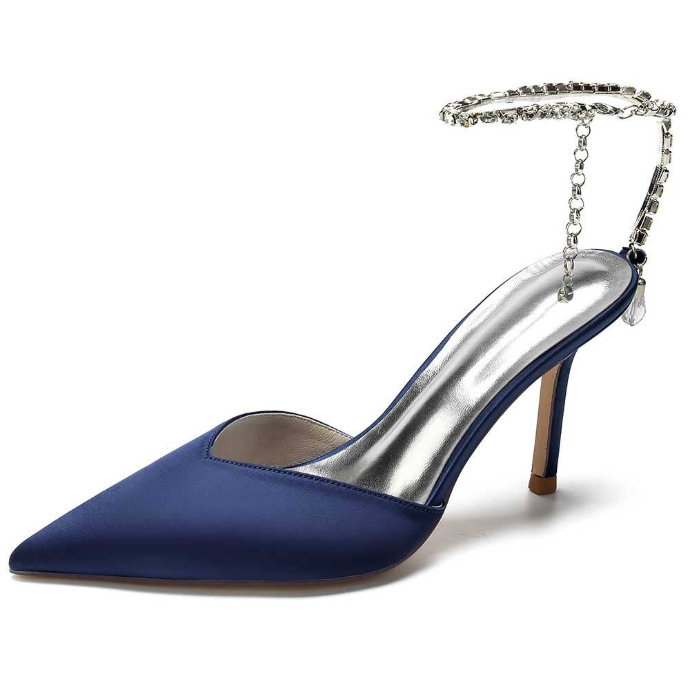 Elegant blue satin prom heels with bling straps, perfect for formal events and special occasions