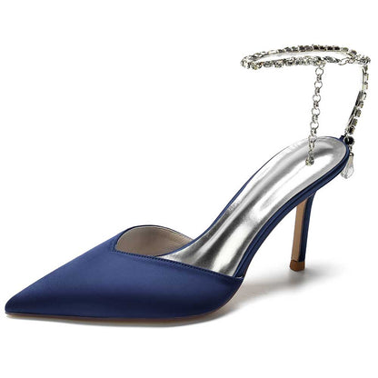 Elegant blue satin prom heels with bling straps, perfect for formal events and special occasions