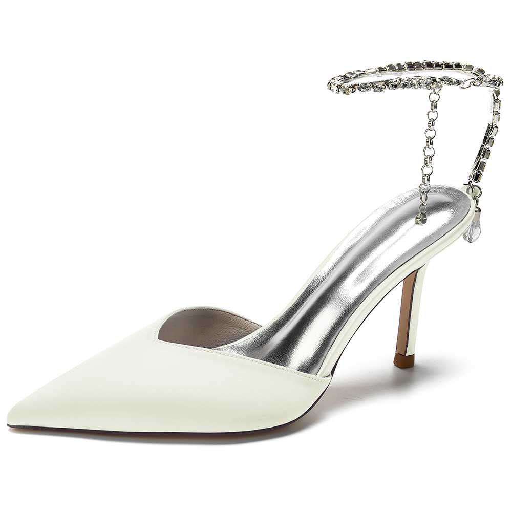 Elegant white satin prom heels with bling straps for sophisticated evening events