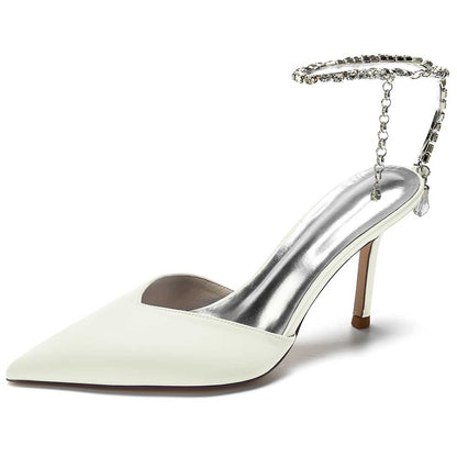 Elegant white satin prom heels with bling straps for sophisticated evening events