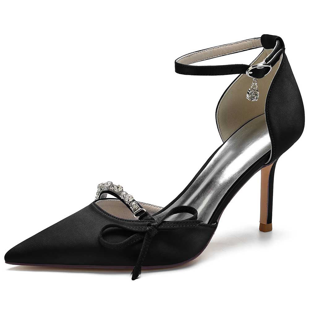 Elegant black satin prom heels with bow and ankle strap for stylish evening wear