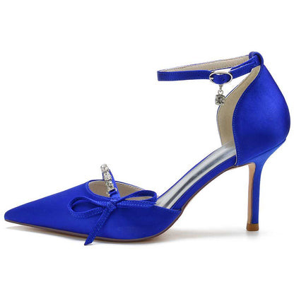 Elegant blue satin prom heels with bow and ankle strap, perfect for formal occasions