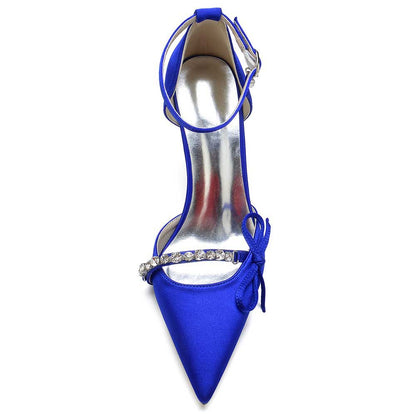 Royal blue satin prom heels with bow and rhinestone strap for elegant occasions