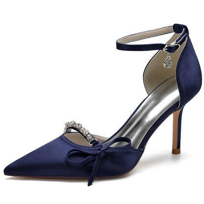 Elegant navy satin prom heels with bow and ankle strap for formal occasions