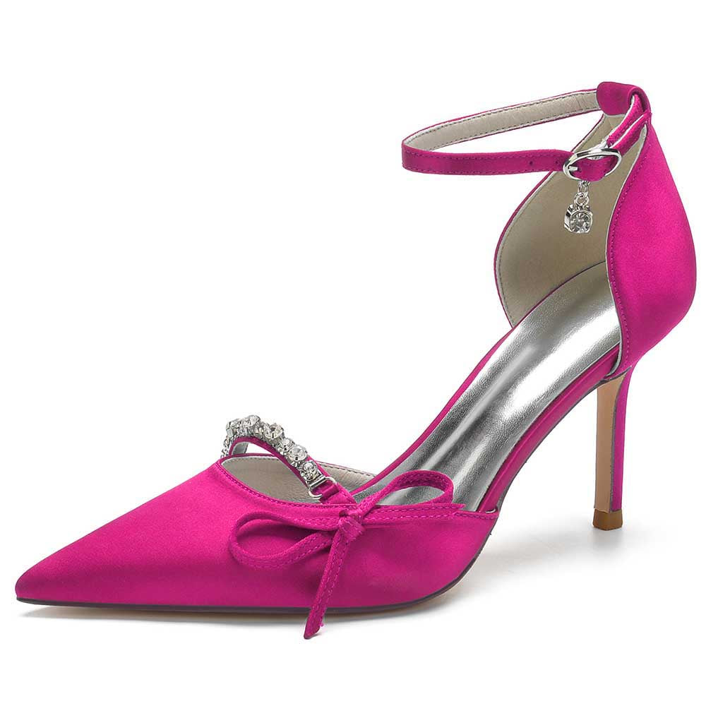 Pink satin prom heels with bow and ankle strap design for elegant evening occasions