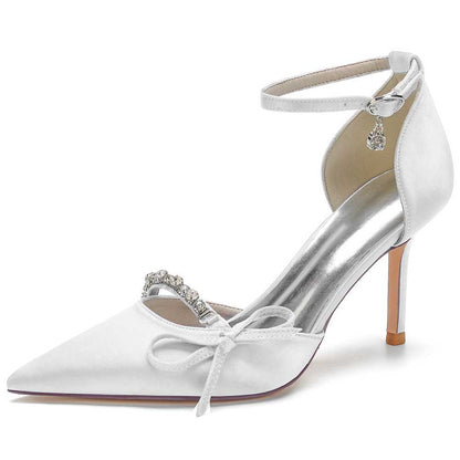 White satin prom heels with bow and ankle strap detail for elegant evening wear
