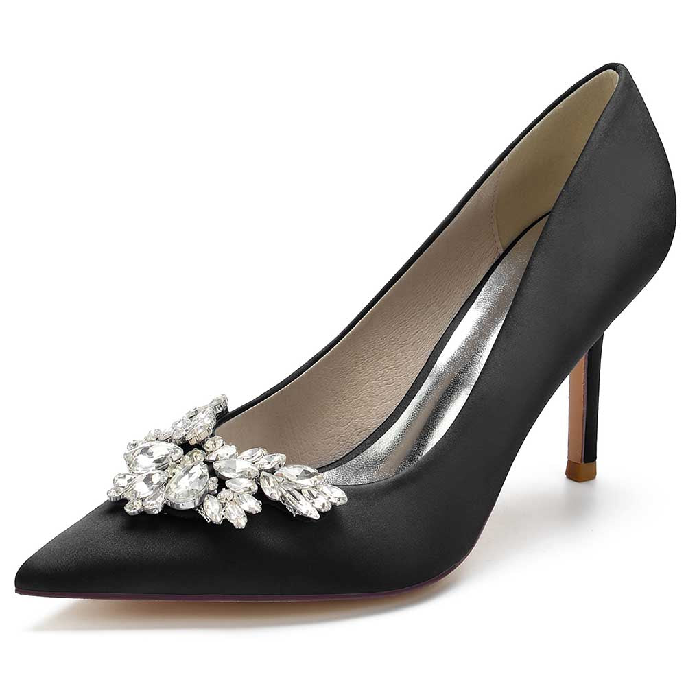 Elegant satin rhinestone heels for parties featuring a sparkling embellishment on a sleek black design