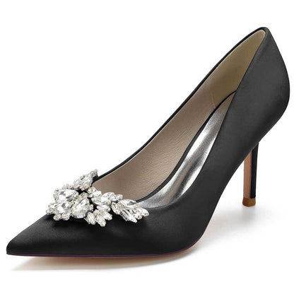 Elegant satin rhinestone heels for parties featuring a sparkling embellishment on a sleek black design