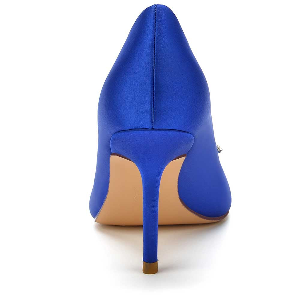 Elegant blue satin rhinestone heels for parties featuring a sleek stiletto design