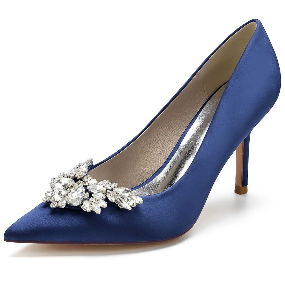 Elegant blue satin rhinestone heels for parties with a stylish pointed toe and embellishments