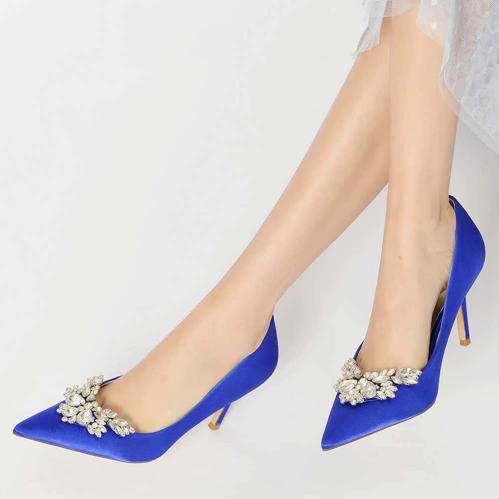 Blue satin rhinestone heels for parties with elegant embellishments for stylish occasions