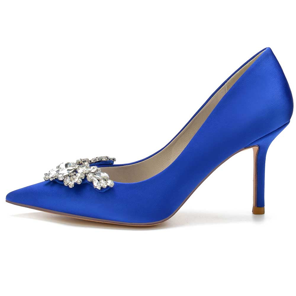 SD Dresscode satin rhinestone heels for parties in royal blue with elegant embellishments