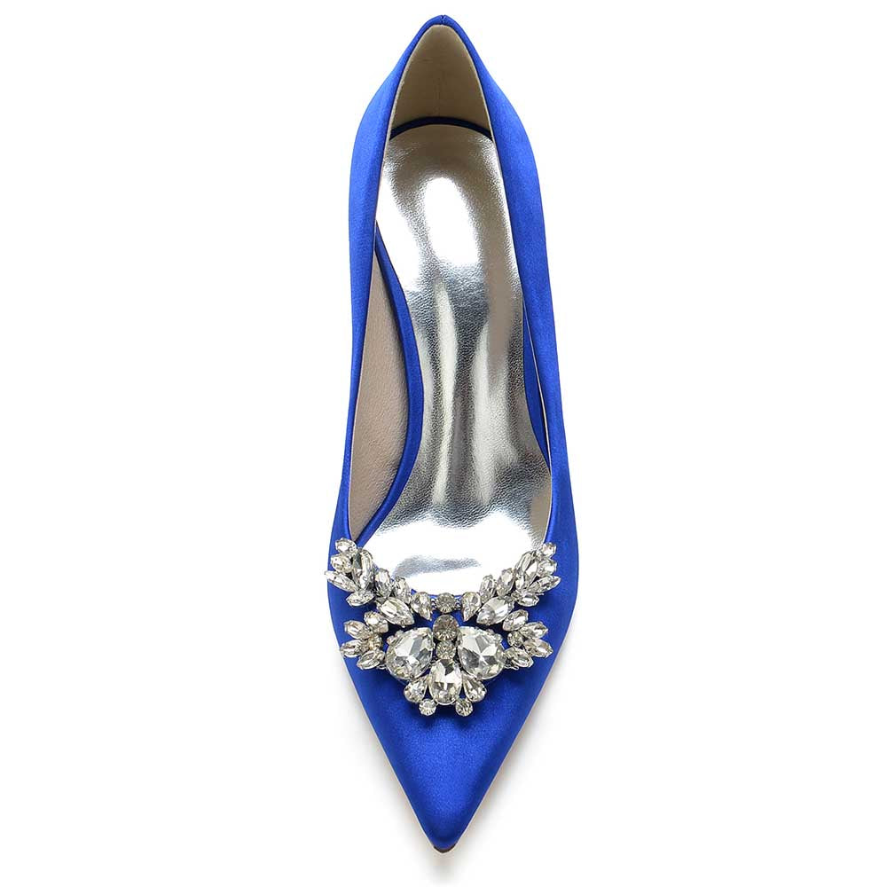 Elegant blue satin rhinestone heels for parties with a sparkling jewel embellishment