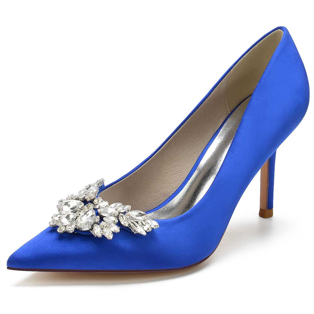 Elegant blue satin rhinestone heels for parties with a stunning gem embellishment